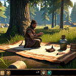 **"A Lineage character accepting an early quest from a village tailor, collecting animal hides in a sunny forest clearing, with a user interface showing potion count."** (Focus: Early game, gathering quest, user interface element)