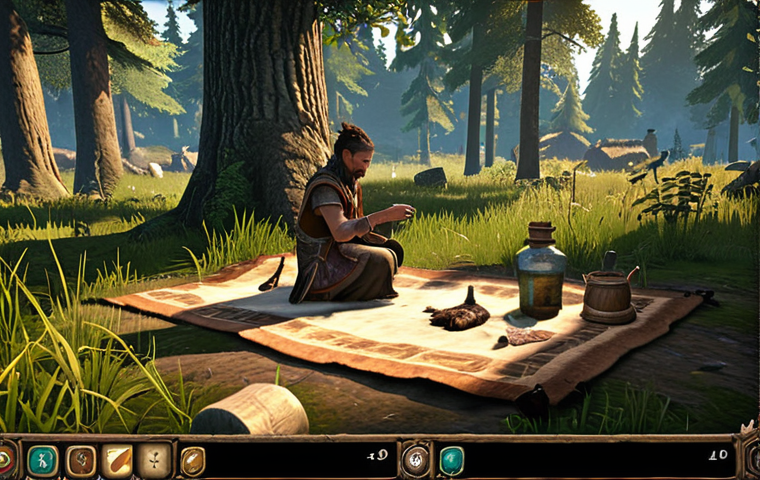 **"A Lineage character accepting an early quest from a village tailor, collecting animal hides in a sunny forest clearing, with a user interface showing potion count."** (Focus: Early game, gathering quest, user interface element)