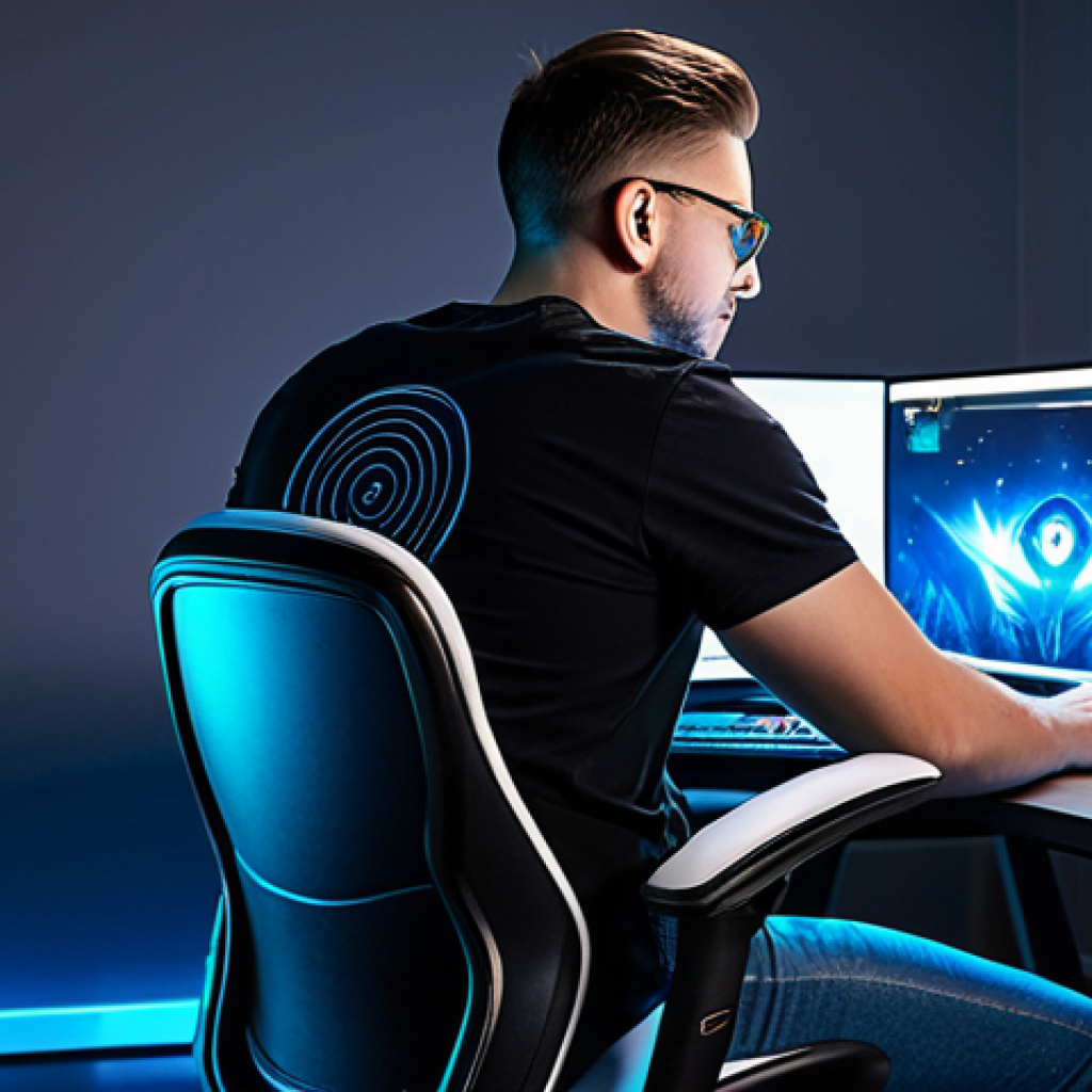 A focused professional male gamer, wearing a modest, comfortable t-shirt and jeans. He sits in an ergonomic gaming chair at a sleek, modern desk, surrounded by glowing RGB peripherals. Multiple monitors display a vibrant fantasy MMORPG user interface with a clear, rapidly increasing experience bar and a subtle "Level Up" notification. Cinematic shot, professional studio lighting, hyperrealistic details, perfect anatomy, correct proportions, natural pose, well-formed hands, proper finger count, natural body proportions, high-quality, safe for work, appropriate content, fully clothed, professional dress.