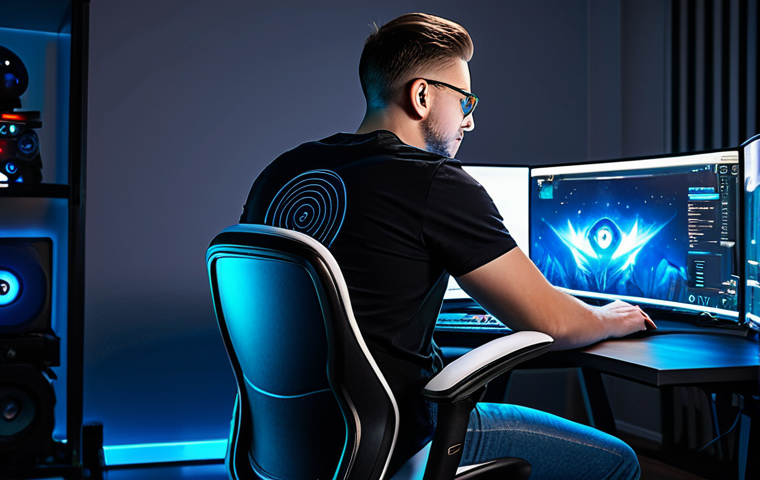 A focused professional male gamer, wearing a modest, comfortable t-shirt and jeans. He sits in an ergonomic gaming chair at a sleek, modern desk, surrounded by glowing RGB peripherals. Multiple monitors display a vibrant fantasy MMORPG user interface with a clear, rapidly increasing experience bar and a subtle "Level Up" notification. Cinematic shot, professional studio lighting, hyperrealistic details, perfect anatomy, correct proportions, natural pose, well-formed hands, proper finger count, natural body proportions, high-quality, safe for work, appropriate content, fully clothed, professional dress.