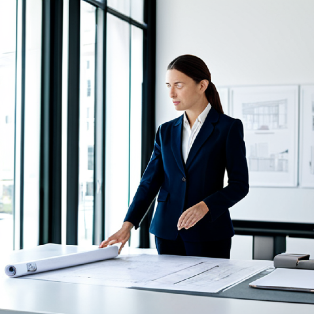**

"A professional female architect in a fully clothed, modest business attire stands in a bright, modern architectural office, reviewing blueprints with a colleague, appropriate content, safe for work, perfect anatomy, natural proportions, professional photography, well-lit, family-friendly environment."

**