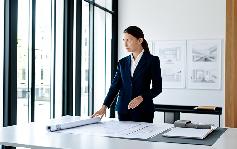 **

"A professional female architect in a fully clothed, modest business attire stands in a bright, modern architectural office, reviewing blueprints with a colleague, appropriate content, safe for work, perfect anatomy, natural proportions, professional photography, well-lit, family-friendly environment."

**