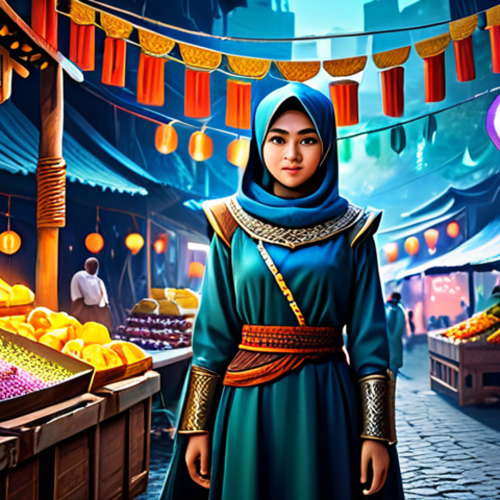 "Event Dalam Permainan" - In-Game Event**

A determined-looking young woman in modest fantasy warrior attire, fully clothed, participating in a vibrant in-game event reminiscent of a "pasar malam" (night market) in Malaysia. She's surrounded by colorful stalls, each overflowing with digital treasures that shimmer like diamonds. The scene is safe for work, family-friendly, and showcases perfect anatomy with natural proportions. Appropriate content, professional digital art.

**