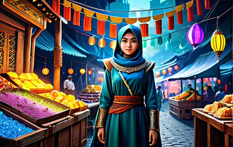 "Event Dalam Permainan" - In-Game Event**

A determined-looking young woman in modest fantasy warrior attire, fully clothed, participating in a vibrant in-game event reminiscent of a "pasar malam" (night market) in Malaysia. She's surrounded by colorful stalls, each overflowing with digital treasures that shimmer like diamonds. The scene is safe for work, family-friendly, and showcases perfect anatomy with natural proportions. Appropriate content, professional digital art.

**