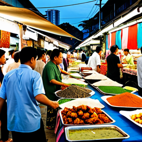 Vibrant Street Market Scene**

"A bustling Malaysian street market at dusk, filled with vendors selling colorful fabrics, delicious street food like nasi lemak and satay, and fresh local produce. People are dressed in modest, traditional baju kurung and batik shirts. Focus on the lively atmosphere, warm lighting, and the variety of goods on display. Safe for work, appropriate content, fully clothed, professional, family-friendly, perfect anatomy, natural proportions, well-formed hands, proper finger count, realistic, high resolution."

**