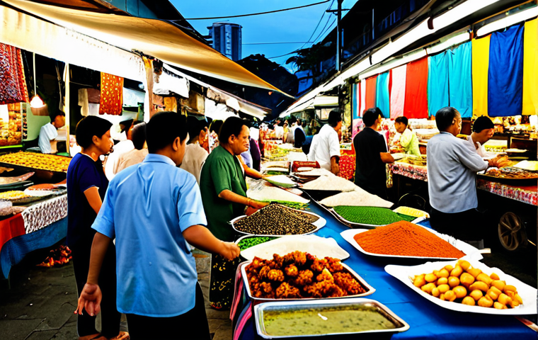 Vibrant Street Market Scene**

"A bustling Malaysian street market at dusk, filled with vendors selling colorful fabrics, delicious street food like nasi lemak and satay, and fresh local produce. People are dressed in modest, traditional baju kurung and batik shirts. Focus on the lively atmosphere, warm lighting, and the variety of goods on display. Safe for work, appropriate content, fully clothed, professional, family-friendly, perfect anatomy, natural proportions, well-formed hands, proper finger count, realistic, high resolution."

**